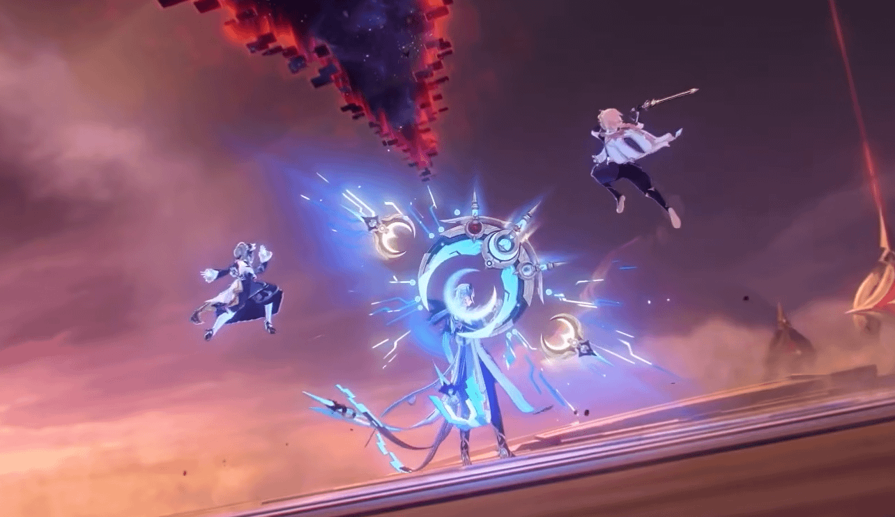 Traveller and Sandrone teaming up against Dottore