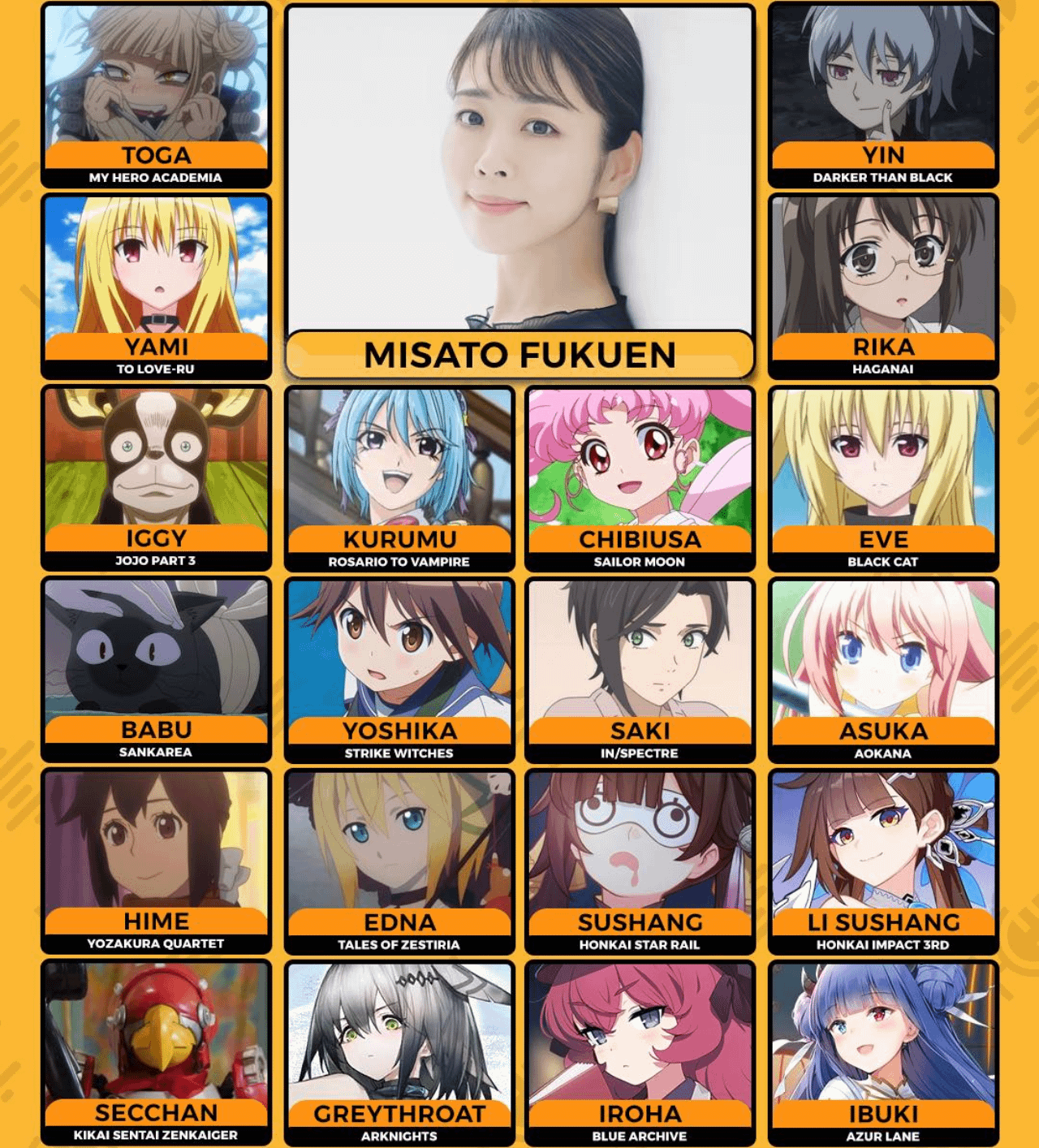 Some anime/game characters voiced by Fukuen Misato, Jibai's JP VA.