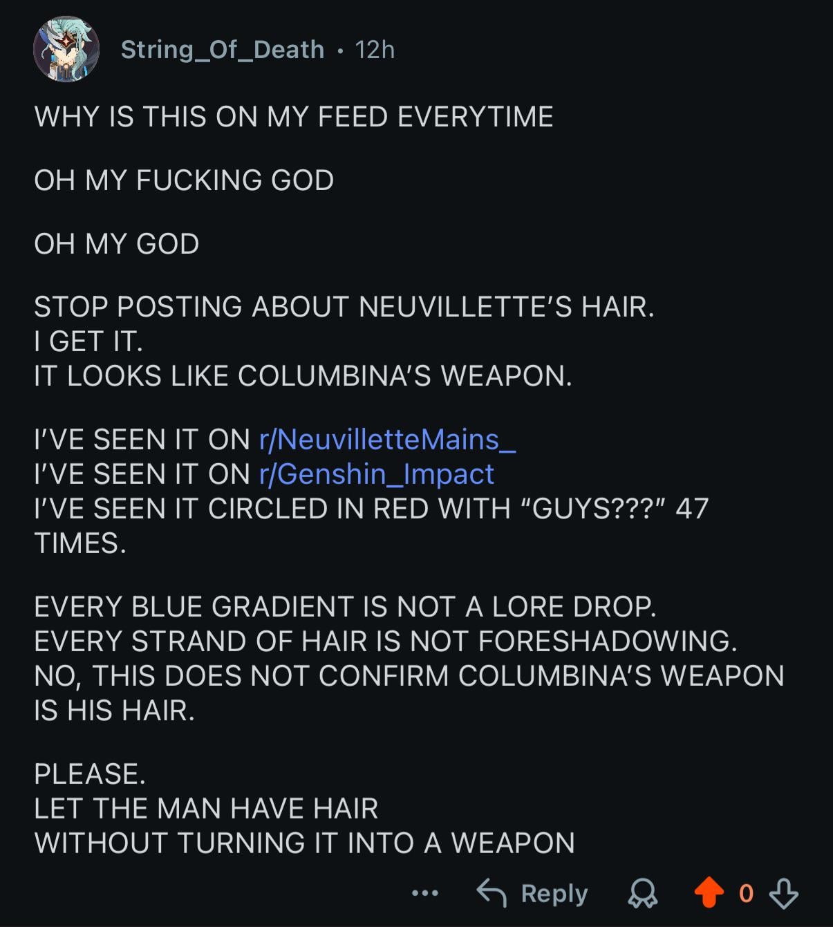 Someone’s upset with Neuvillette’s hair…