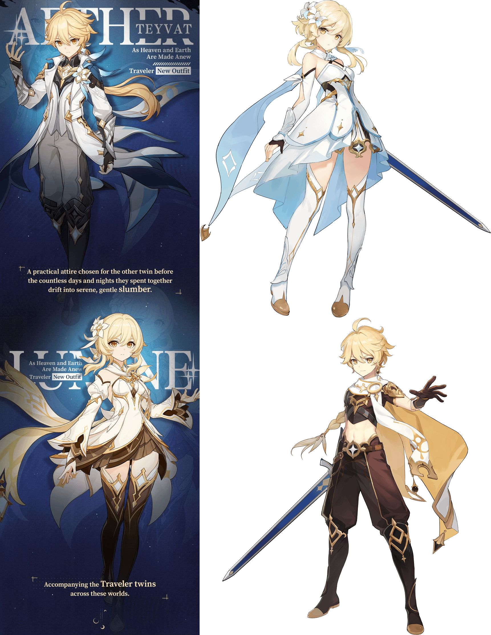 Lumine and Aether's new outfits are based on the opposite twin's original outfits