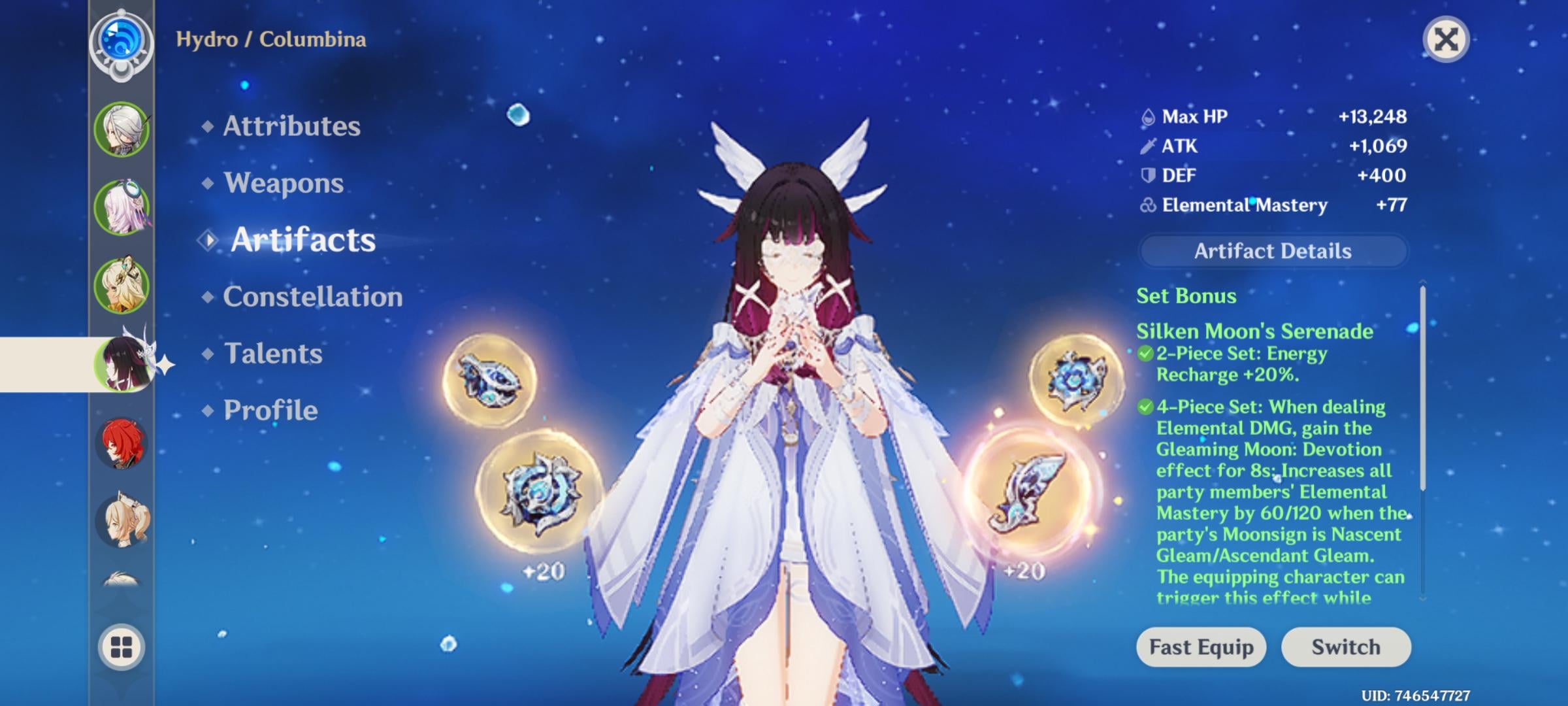 got this artifact set for columbina,if i equip ineffa with these aswell and use them both on team,will the effects stack?if not,what should i use for ineffa?