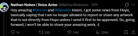 According to Ororon's va, they are no longer permitted to share artwork unless it's official or approved by Hoyo.