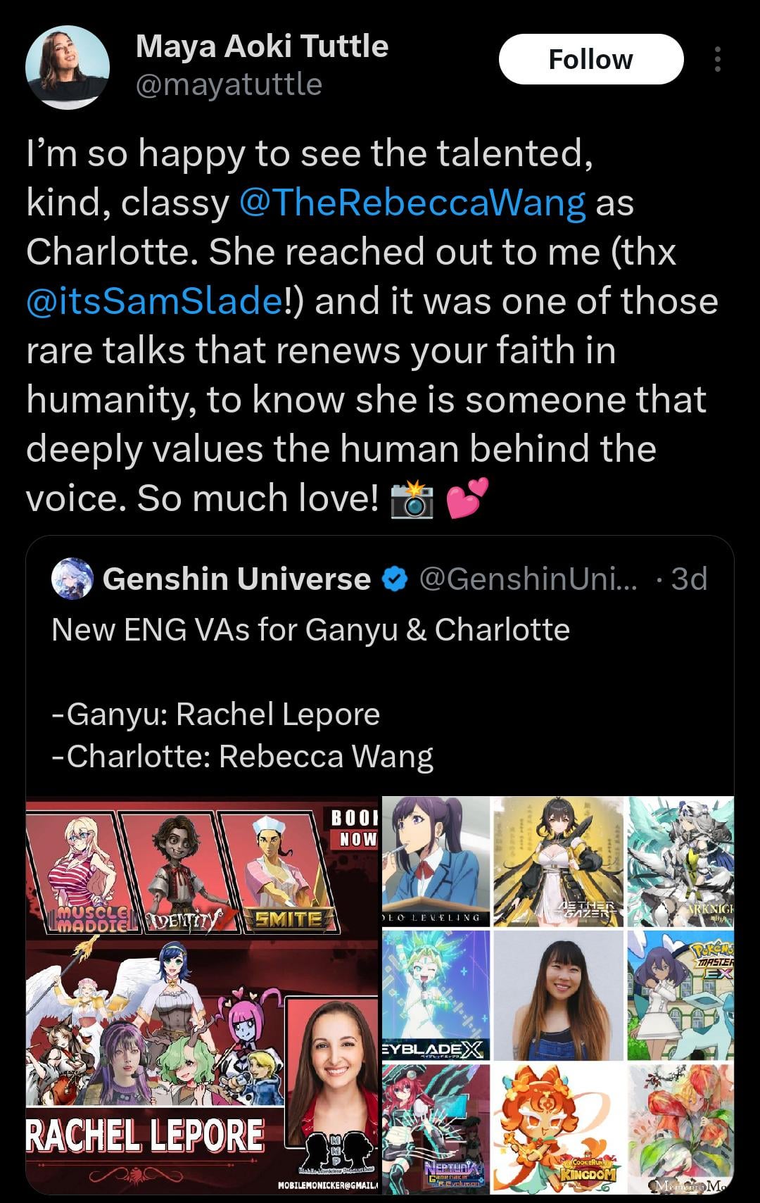 Charlotte's old EN VA congratulating the character's new EN VA