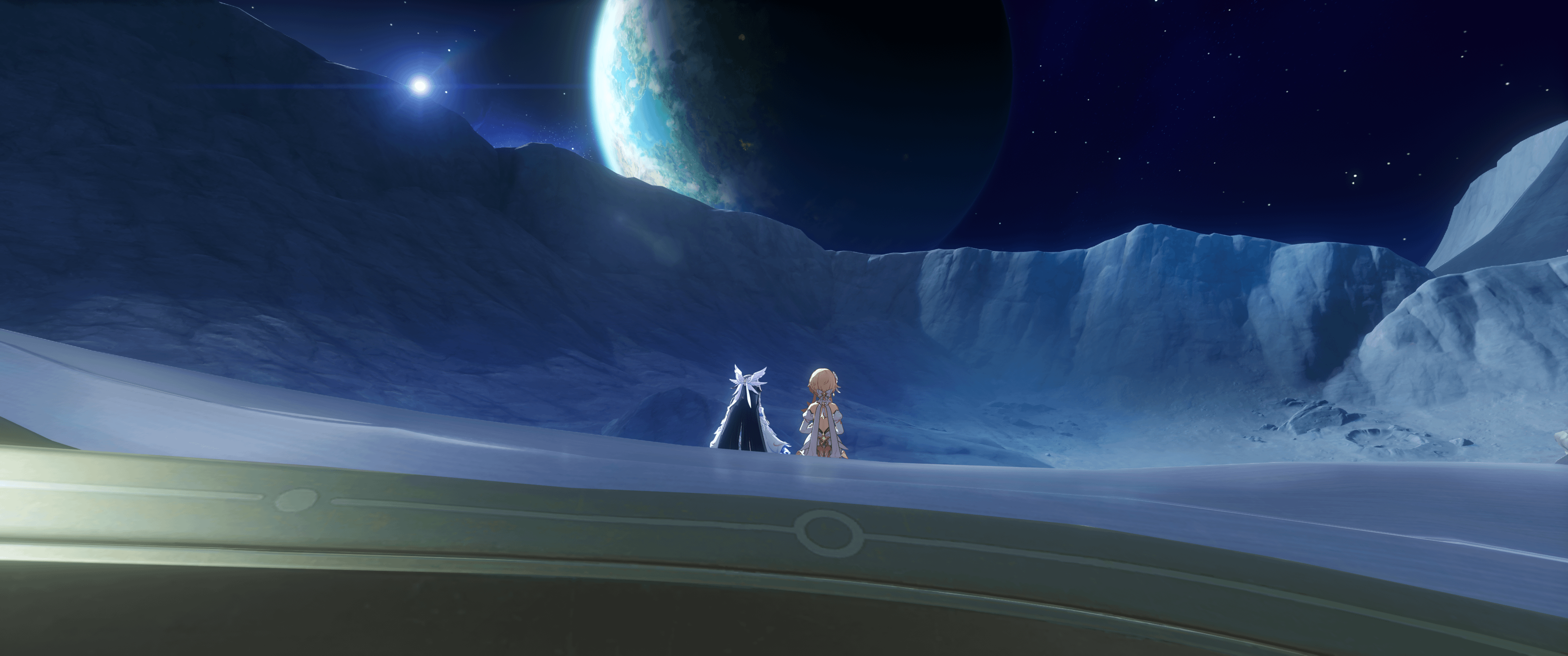 Teyvat view from the moon with Lumine and Columbina (from the story quest) 3440x1440 Wallpaper