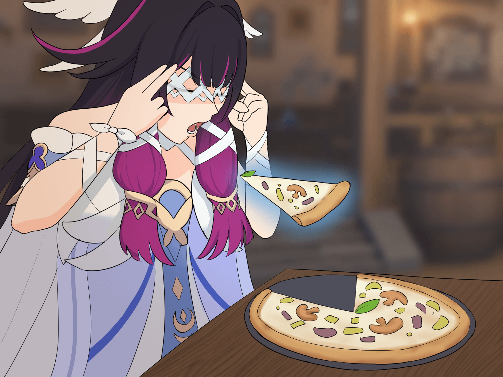 Columbina use kuuvahki to lift pizza