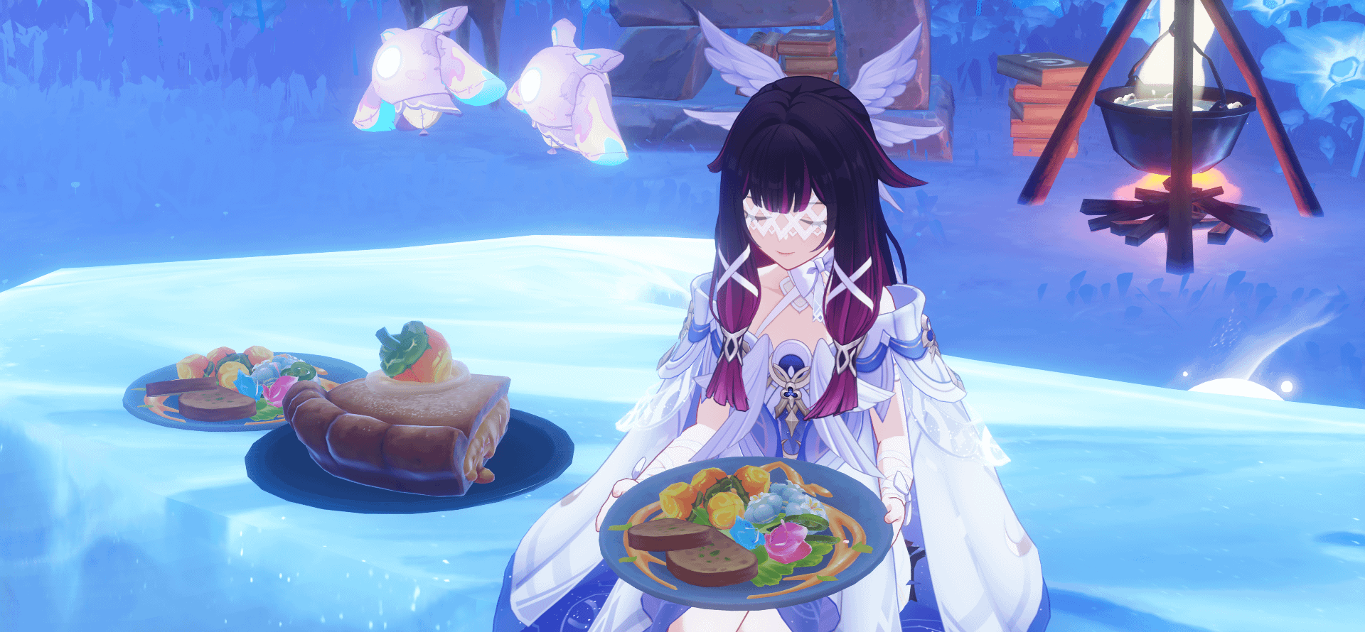 Columbina with enormous pie for herself.