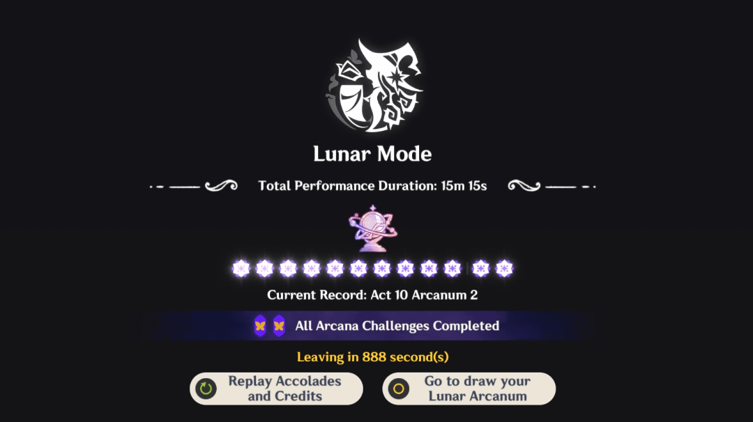 First time clearing IT Lunar Arcana mode. This feels so goood as a f2p 🤧. (Im all out of mora and exp books btw)