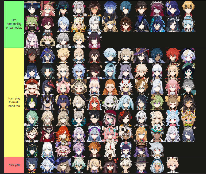 some people call my tierlist ragebait, but those sam people tell me "play who you like" the midle tier can mean that i ether dislike their personallity OR playstyle
Discussion (dahlia is only down there due to his idle animation)