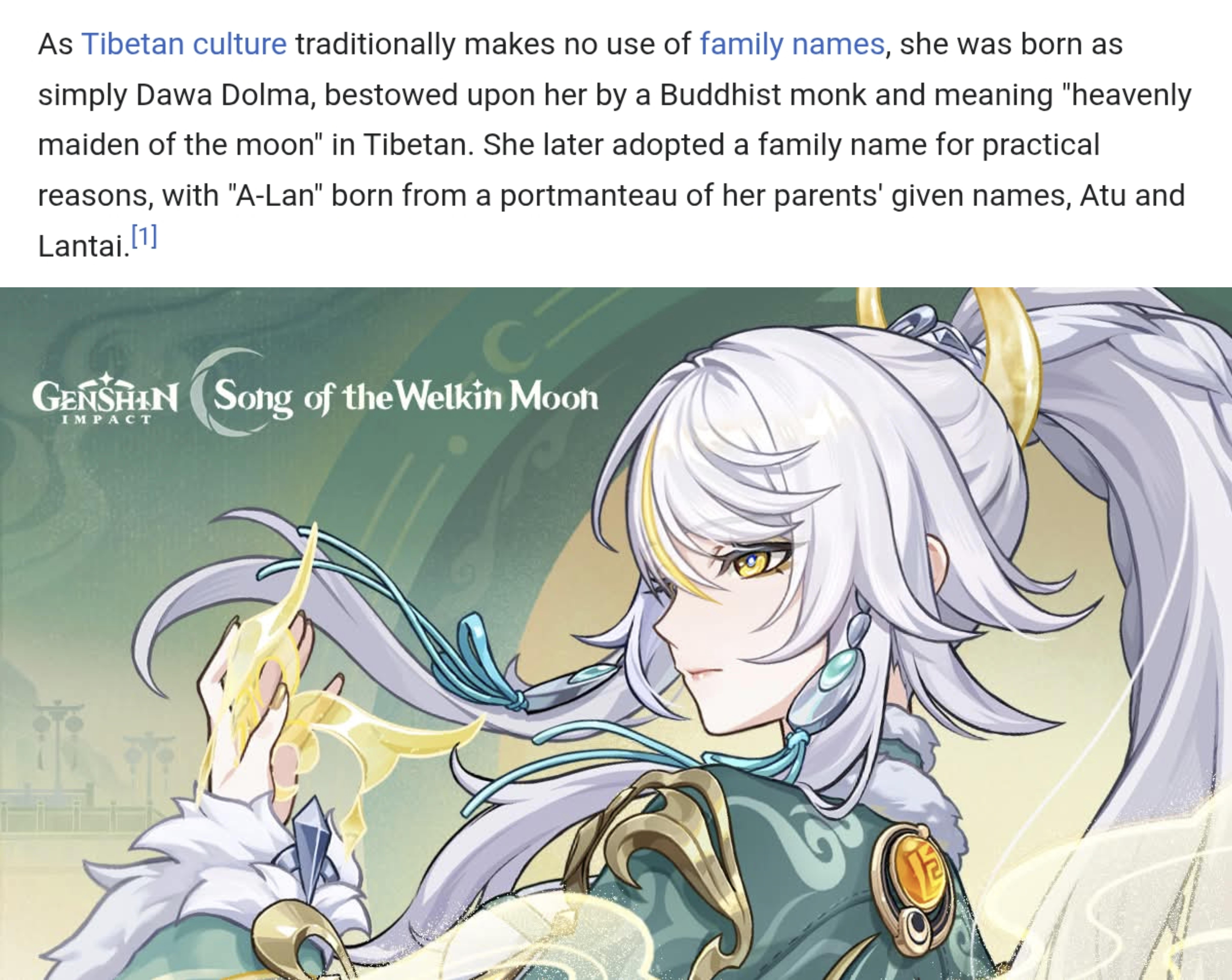 Fun fact: The name of Alan Dawa Dolma, the singer who performed the theme song of Zibai character trailer, literally means "heavenly maiden of the moon"