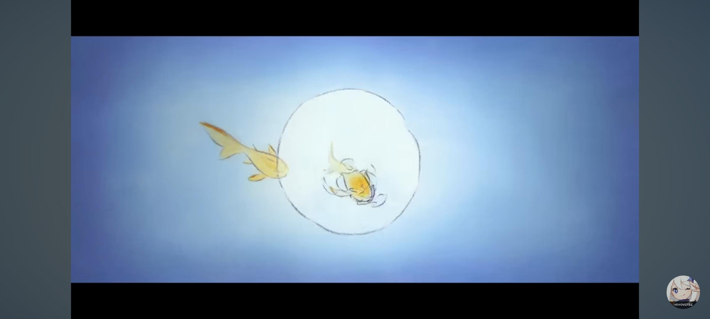 Isnt this scene in Zibai's first trailer about the Traveler and their siblings ? 2 goldfishes (Traveler twins) swimming to the moon reflection (Teyvat or the moon) and one of them (Abyss siblings) catches the purple petal (Abyss power).